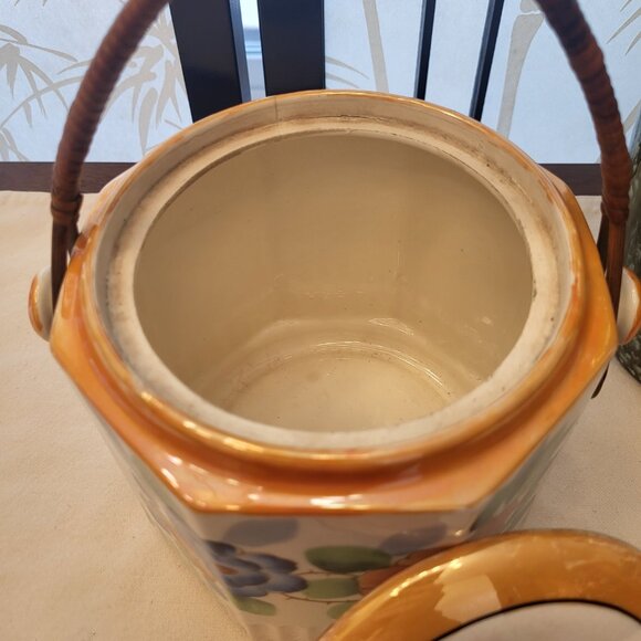 Vintage Iridescent Floral Lustre Ware Biscuit Barrel Cookie Jar w/ Rattan Handle - Picture 3 of 9